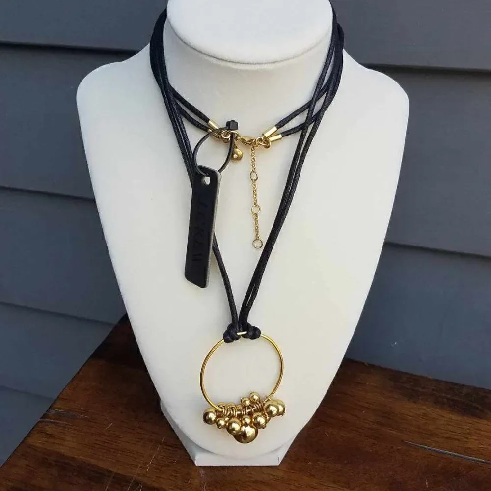NWT J Crew Black Cord Circle Charm Necklace with Balls